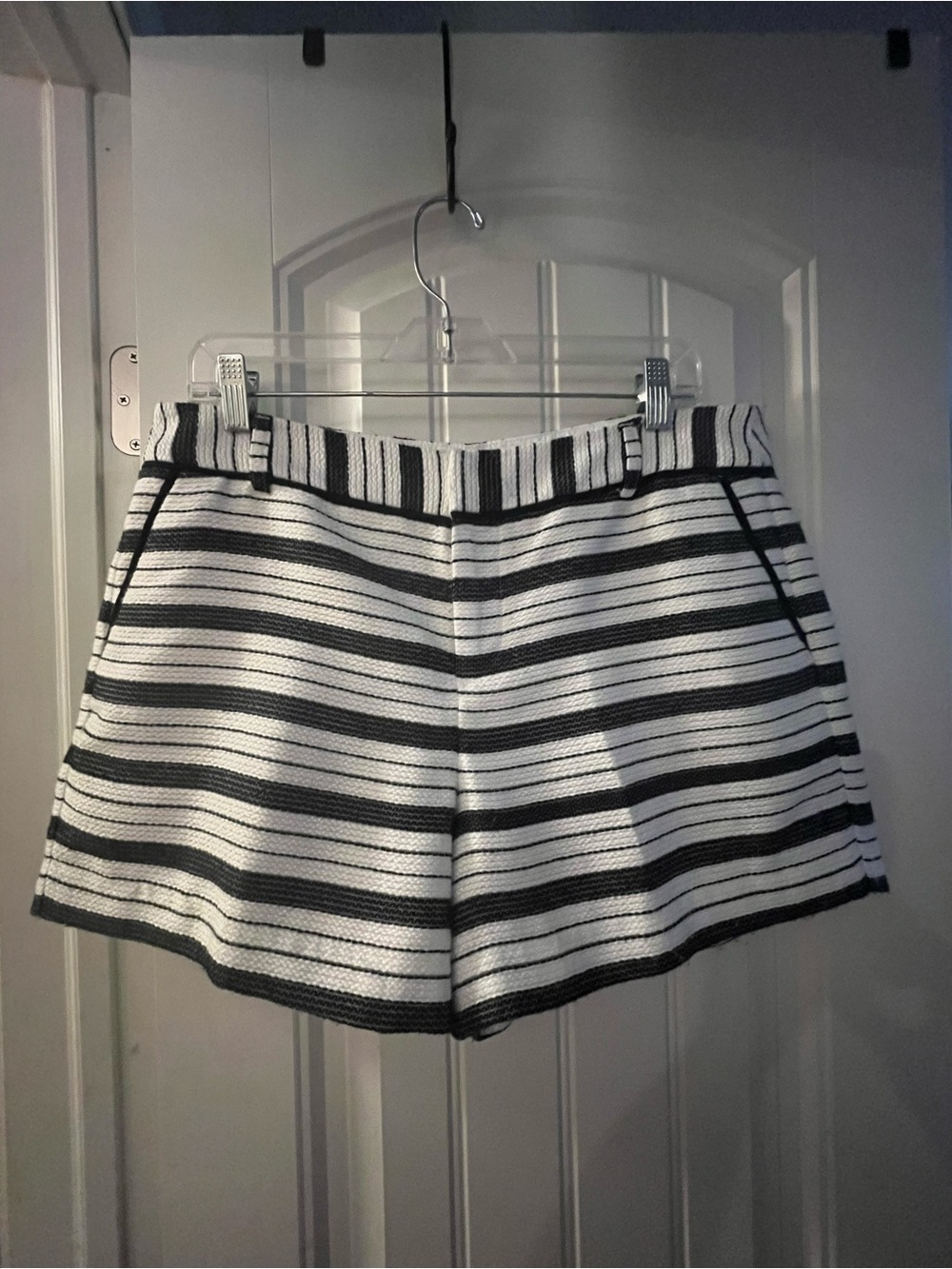 Elle B&W Horizontal Striped Textured High Waist Shorts welting on pockets, 12